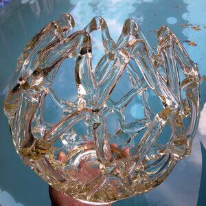 Gorgeous VTG MCM Hand Blown Lattice Open Weave Heavy Clear Art Glass Globe Vase